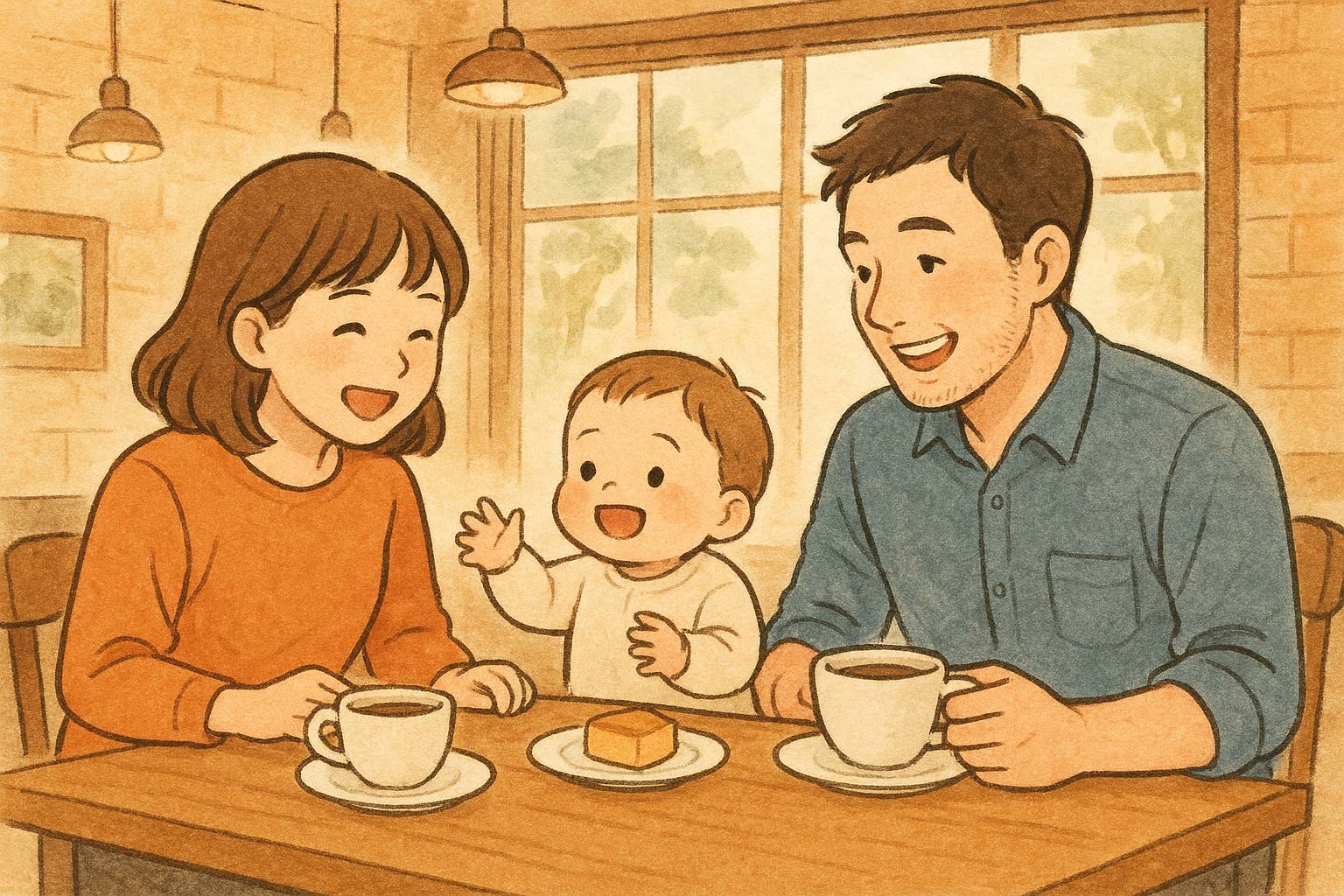 カフェで楽しむ1歳と父母