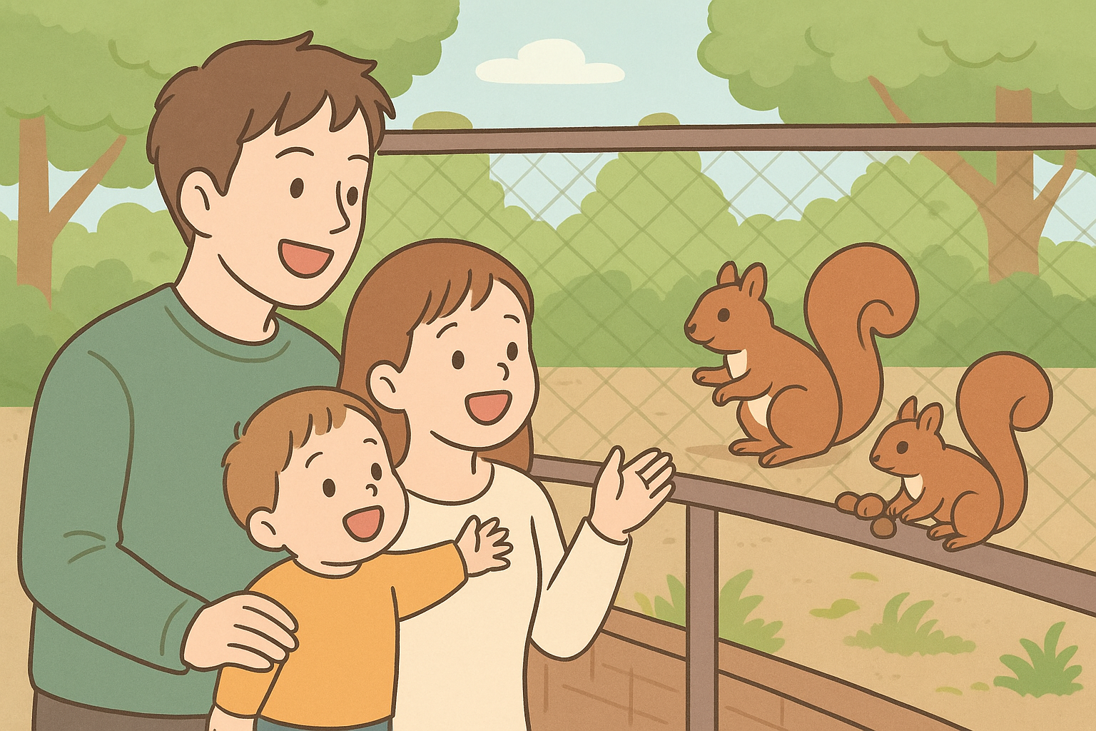 リス園を楽しむ1歳連れ家族