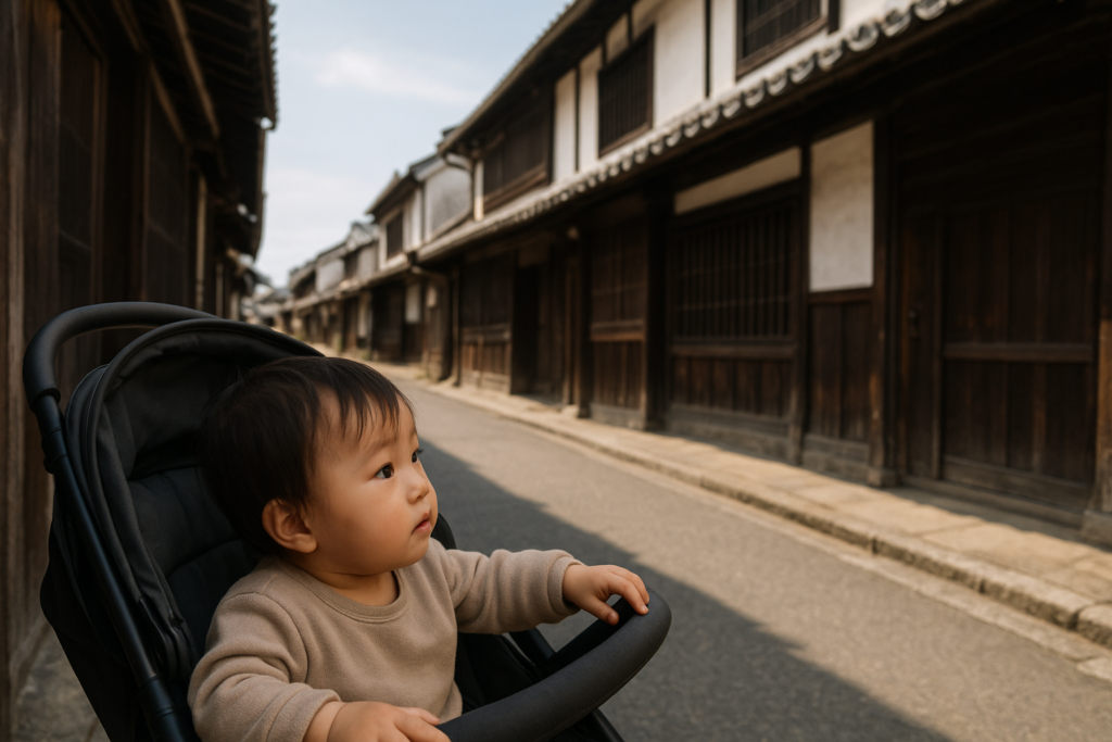 寺内町の古い建物を見る1歳
