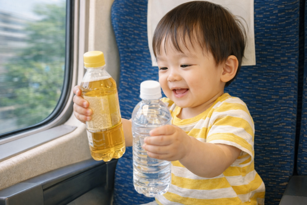 新幹線座席でペットボトルで遊ぶ１歳
